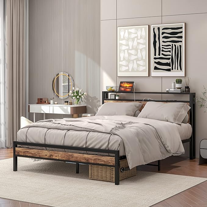 BOFENG Queen Bed Frame with Wood Headboard Storage,Heavy Duty Metal Platform Bed Frame Queen Size with Charging Station,Reinforced Steel Slats Support,No Box Spring Needed,Noise Free,Brown