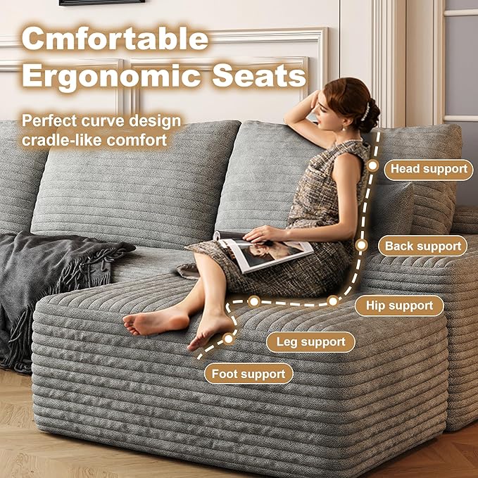 108" Sectional Couches for Living Room Cloud Couch Sofa with L-Shape Upholstered Boneless Couchs Modern Modular Sectional Couch with Chaise (Grey, 108" Left Facing Chaise+2Seaters+1Ottoman)