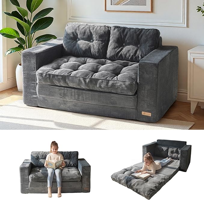 MAXYOYO Convertible Sofa Bed, Pull Out Loveseat Sleeper Sofa, 2 in 1 Folding Couch Bed, Fold Out Floor Couch with Pillows for Living Room Bedroom Lounge, Dark Grey