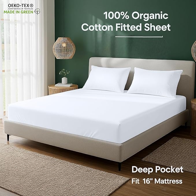 Royale Linens 100% Organic Cotton 2 Pack Fitted Sheet - Percale Weave - Super Soft Deep Pocket Bottom Sheets - White Elastic Sheet Twin XL Size - Twin XL Fitted Sheets Only - (39"x80"+15", White)
