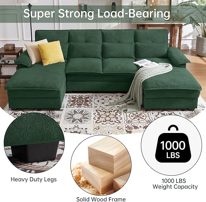 110" Convertible Sectional Sofa, U Shape Cloud Couch, Comfy Couches with Double Chaise and Sleepable Armrests, 4 Seats Sectional Couches for Living Room, Green