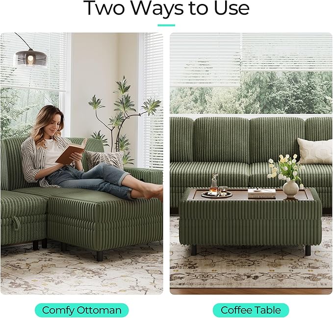 LINSY HOME Sectional Sleeper Sofa with Pull Out Couch Bed for Living Room (Green) | Plush Corduroy, Storage Ottoman, Storage Chaise, Pull Out Couch, USB Charging