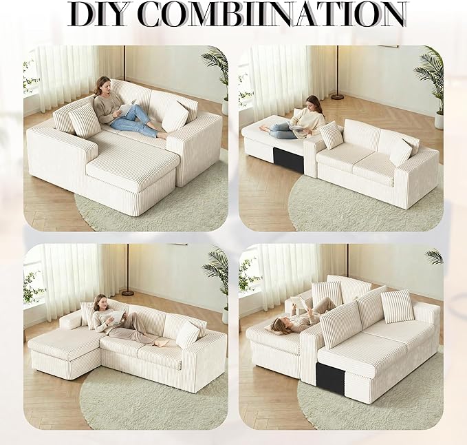 Shintenchi 105" Modular Sectional Sofa, Boneless L Shaped Couch with Deep Seat, Cloud Foam Couch with Oversized Chaise, Plush Corduroy Sofa No Assembly Needed for Living Room, Beige