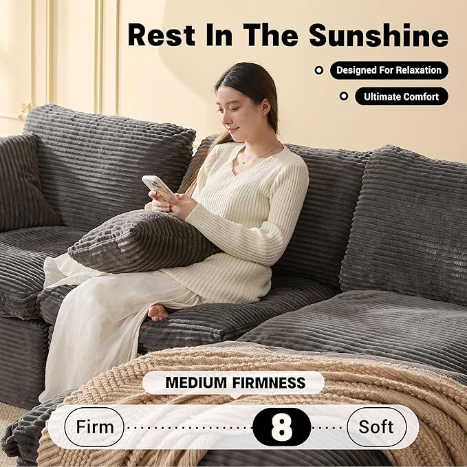 106.3” Sectional Couches for Living Room, Set of Cloud Couch, Modular Sectional Sofa, Convertible Sofas Bed, Deep Seat Sofa, L Shaped Cozy Sofa Furniture Set, Corduroy, Gray