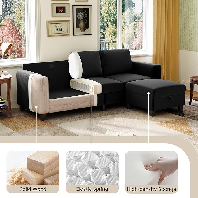 78" Sectional Sofa Couches for Living Room, Black Convertible L Shaped Couch with Storage Ottoman, Deep Seat Pet-Friendly Velvet Fabric Sofa Set for Small Space, Apartment, Dorm