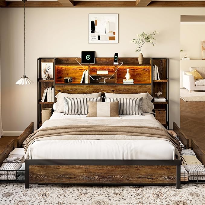 BRELTAM King Size Bed Frame with 4 Storage Drawers and Headboard Featuring Shelf Storage, Wooden Platform Bed Frame with LED Lights and Charging Station, Easy Assembly/No Box Spring Needed/Brown