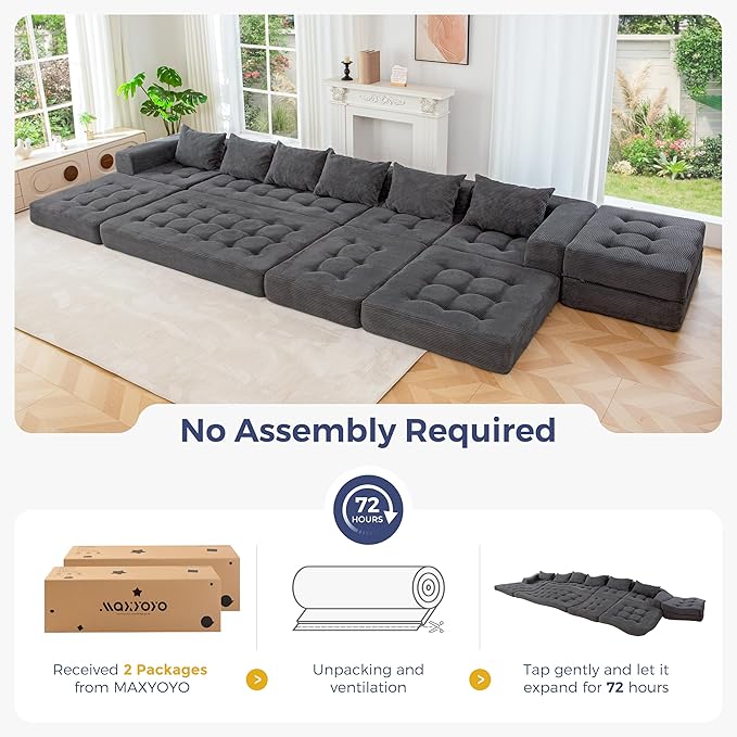 MAXYOYO Modular Sectional Sofa Couch, Foldable U Shaped Cloud Couch with Pillows, Tufted 7-Seat Boneless Sleeper Lounger Floor Sofa Bed for Living Room, No Assembly Required, Dark Grey