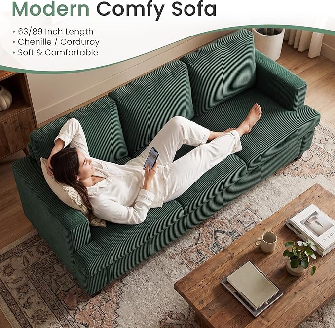 YOUDENOVA Sofa, 3 Piece Set Comfy Sofa, Loveseat & 2 3-Seater Couch with Deep Seats for Living Room, Modern Sleeper Couch, Green Corduroy