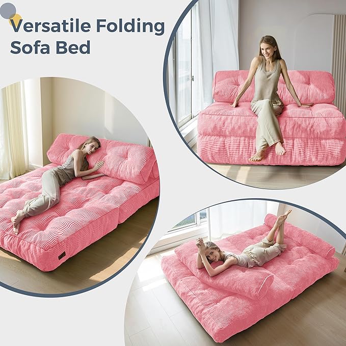 MAXYOYO Folding Sofa Bed, Convertible Sleeper Chair with Pillow Foldable Mattress with Back Support, Portable Fold Out Chair Bed Comfy Floor Sofa Lounge for Living Room Bedroom, Pink Double