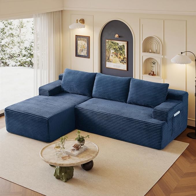 96" Sectional Couches for Living Room Cloud Couch Sofa with L-Shape Upholstered Boneless Couchs Modern Modular Sectional Couch with Chaise (Bule, 96" W+Left Facing Chaise+2Seaters)