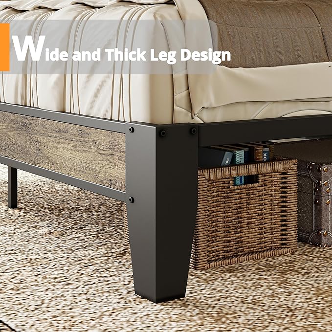 LIKIMIO King Bed Frame, Storage Headboard with Charging Station, Solid and Stable, Noise Free, No Box Spring Needed, Easy Assembly (Walnut and Beige)