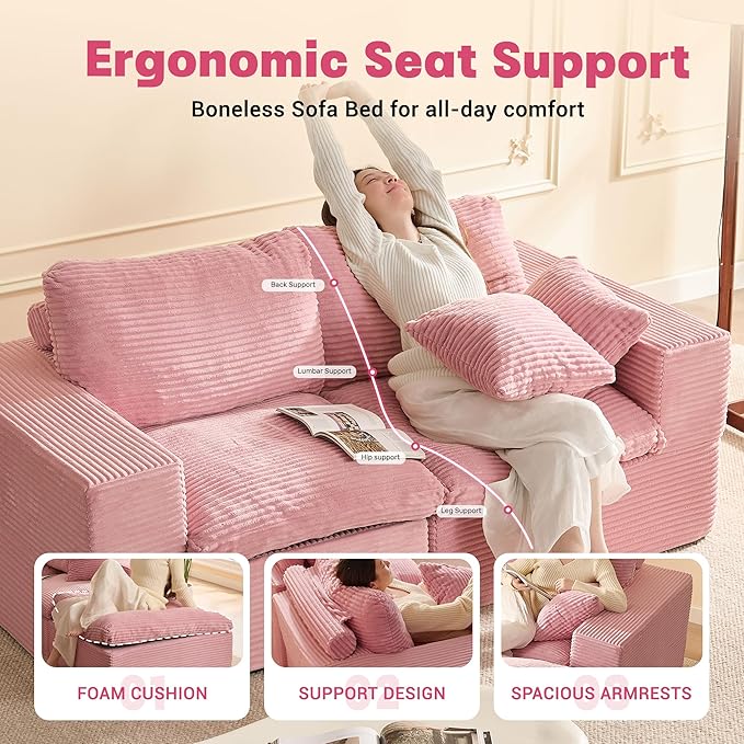 74.8” Set of Cloud Couch, Modular Loveseat Sofa, Convertible Sofas Bed, Deep Seat Sofa, Cozy Sofa for Living Room, Office and Bedroom, Corduroy, Pink