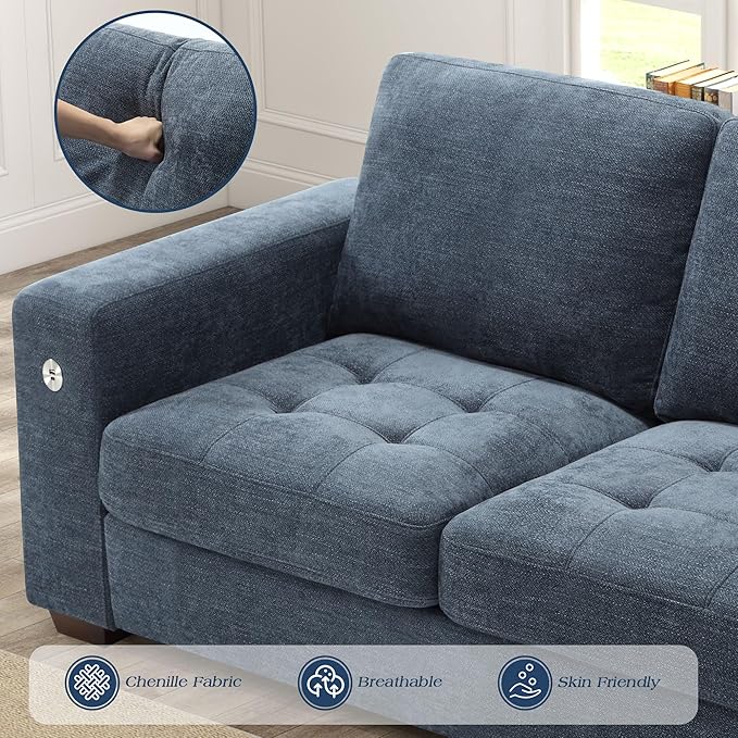 WorthFurni Sofas for Living Room, Chenille Loveseat Couch Set, Small Sofa, 3 Seater Sofa, USB Charging, Removable Sofa Cover,Solid Wood Frame, Easy to Install(70inch,Blue)