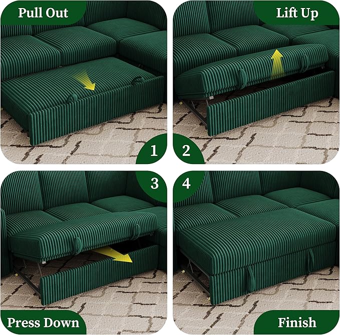 83.5" Sectional Sleeper Sofa with Pull Out Couch, Modern 5 Seat L Shaped Modular Couch,Green Sectionals Modular Sofa with Storage, Comfy Corduroy Couches Sectional for Living Room & Apartment
