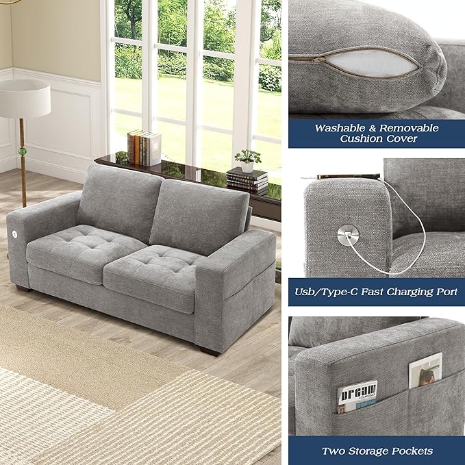 WorthFurni Sofas for Living Room, Chenille Loveseat Couch Set, Small Sofa, 3 Seater Sofa, USB Charging, Removable Sofa Cover,Solid Wood Frame, Easy to Install(70inch,Grey)