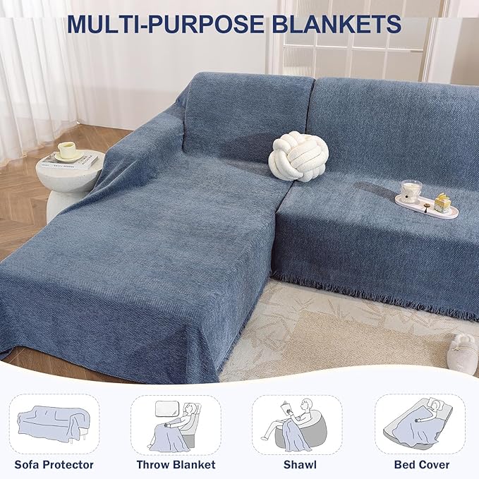 OstepDecor Sectional Couch Covers 2 Pieces, L Shaped Couch Cover Blanket, Sectional Sofa Cover Washable, Chaise Lounge Sofa Slipcovers Pet Furniture Protector for Dogs (71"x102"+71"x118", Blue)
