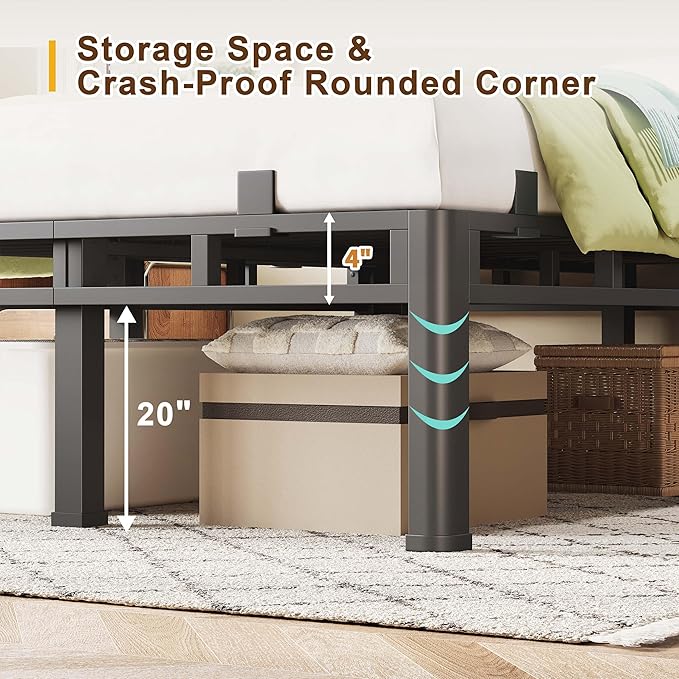 ROIL 24 Inch King Size Bed Frame, Metal Bed Frame & Box Spring 2 in 1 Platform with Round Corner Legs, 4000LBS Double Layer Bed Frame with Headboard Holes Mattress Baffles, Noise-Free Easy Assembly