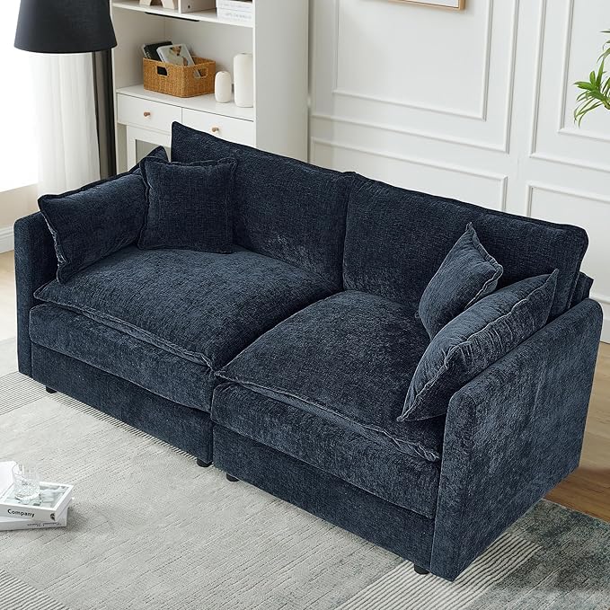 Setawix Chenille Loveseat Sofa Couch with Deep Seat,Large 2 Seater Cloud Couches for Living Room,77.16" Roomy Cloud Sofas,Modular Sectional 2 Seat Sofa with Pillows for Bedroom. (Blue, 2 Seater)
