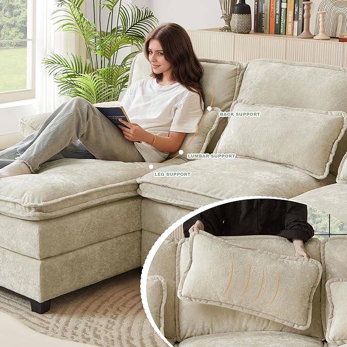 112" Modular Sectional Sofa, U Shaped Comfy Cloud Couch with Double Chaise and Padded Armrests, Modern Deep Seat Sectional Couches for Living Room, Apartment, Office, Beige