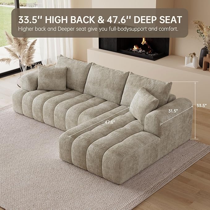 108" Cloud Sectional Couches for Living Room, Boneless L-Shaped Sofa with Pillow 3 Seater Modular Sectional Sofa (Khaki)