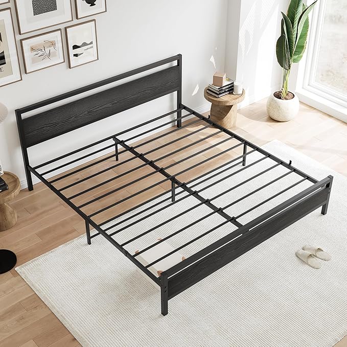 BOFENG Black King Size Bed Frame with Wood Headboard,Industrial Metal Platform Bed Frame King Size with Storage No Box Spring Needed,Strong Steel Slats Support,Easy Assembly