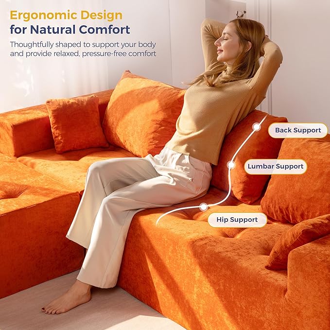 MAXYOYO Modular Sectional Sofa Couch, L Shaped Boneless Cloud Couch with Flexible Ottoman, Chenille Upholstered Living Room Sleeper Sofa Chair for Living Room, No Assembly Required, Orange