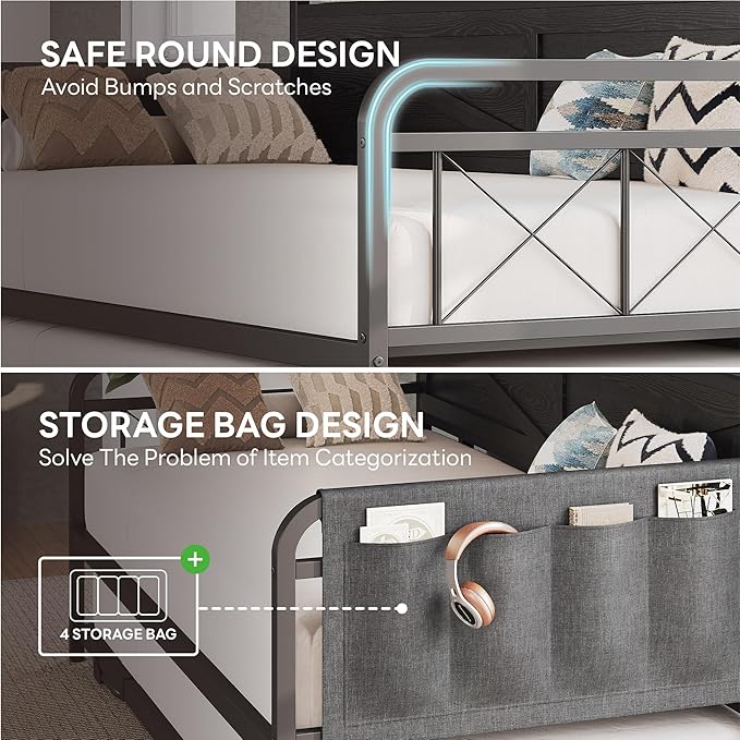 LIKIMIO Twin Daybed, Day Beds with Pop Up Trundle, Storage Headboard with Charging Station, Strong Supports for Apartment and Other Small Space, Black