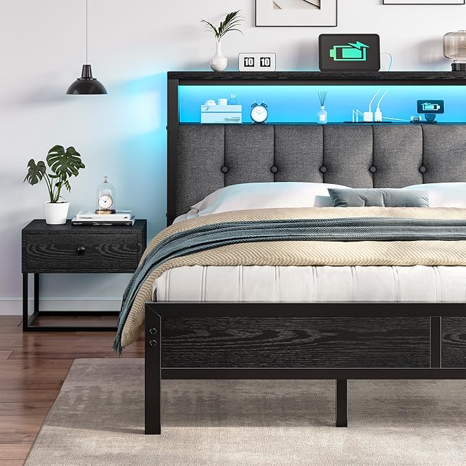 Homkdom Queen Bed Frame with LED Lights Grey Upholstered Headboard with Charging Station, Type C& 2-Tier Storage Shelves,Metal Platform Bed with 12" Under-Bed Storage, Noise-Free, Black