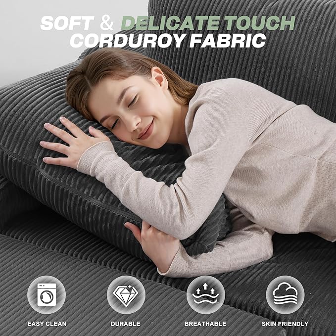 HABUTWAY U Shaped Modular Sectional Couch for Living Room, Modular Cloud Sofa with Ottoman, No Assembly Boneless Couches with Deep Seat, Corduroy Fabric (Grey, Right Facing)