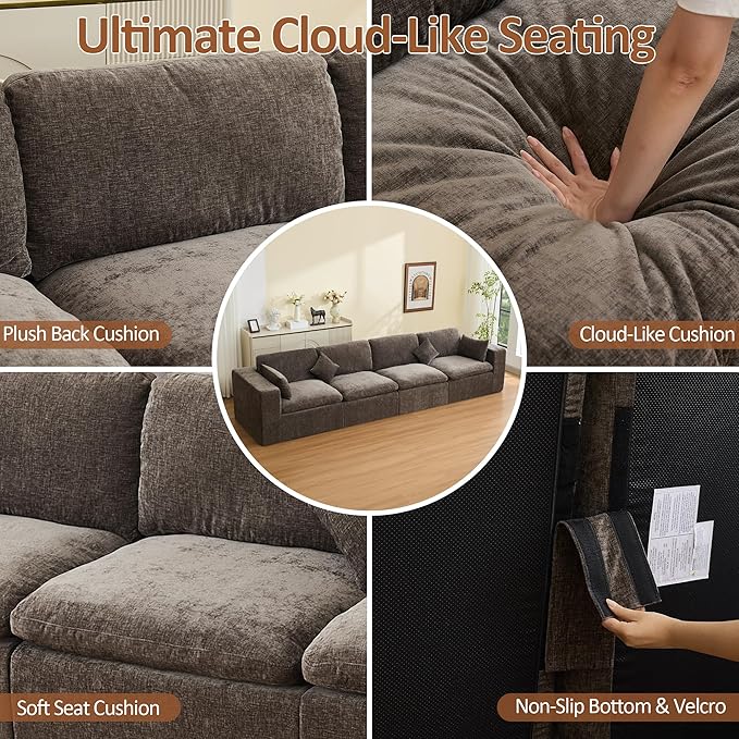 146''Cloud Boneless Sectional Couch, Modular Sectional Sofa Deep Seat, Oversized Upholstered Convertible Comfy 4 Seater Chenille Memory Foam Sofa Couches for Living Room, Brown