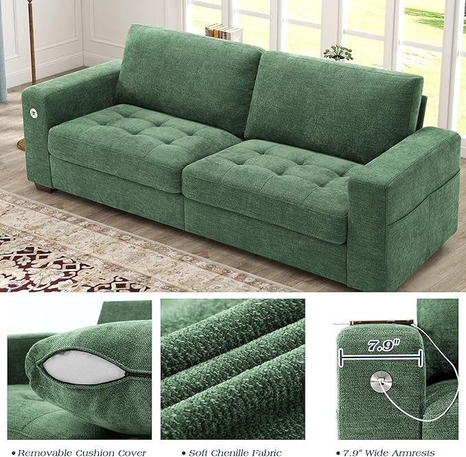 WorthFurni 89 Inch Modern Sofa Couch with USB Port & Side Pockets, Chenille Fabric 3 Seater Couch,Comfy Washable Small Sofas & Couches for Living Room Bedroom Apartment（Green）
