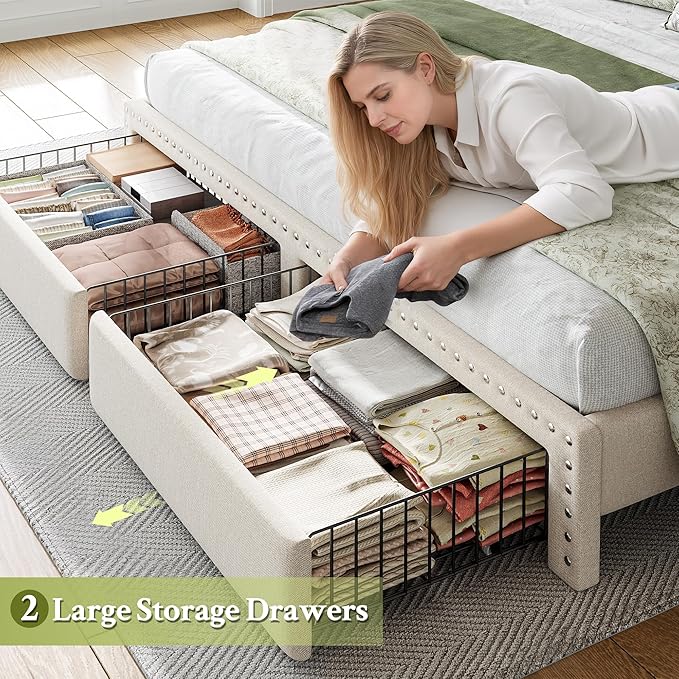 EnHomee King Size Bed Frame with 2 Storage Drawers & Upholstered Headboard,No Box Spring Needed, Easy Assembly, Noise Free, Beige