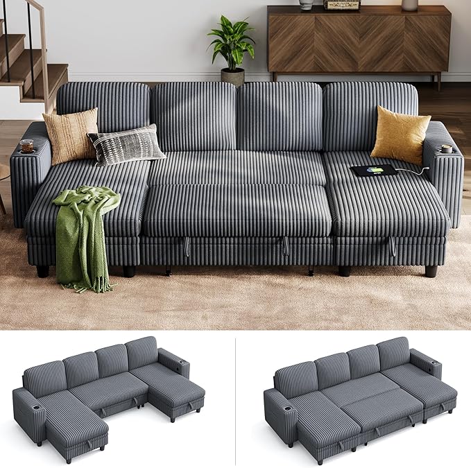 LINSY HOME Sectional Sleeper Sofa Pull Out Couches for Living Room (Grey, Sleeper Sofa 3) | Pull Out Sofa Bed, Storage, USB Charging, Cup Holders, Plush Corduroy