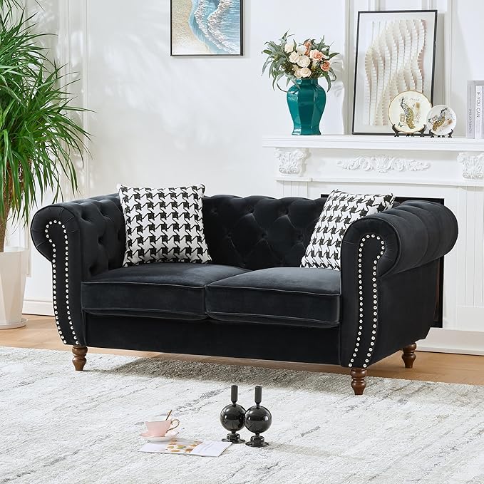 Comfortable Straight-Row Sofa with 2 Pillows,67" Refined Velvet 2 Seat Sofa with Roll Armrest & Nailhead,Sturdy Structure Upholstered Loveseat Couch for Apartment,Office,Reception Area,Black