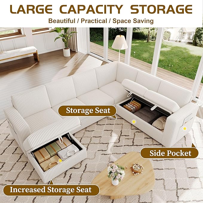106.7" Sectional Sleeper Sofa with Pull Out Couch, Modern 7 Seat U Shaped Modular Couch, Sectionals Modular Sofa with Storage, Comfy Corduroy Couches Sectional for Living Room & Apartment, Beige