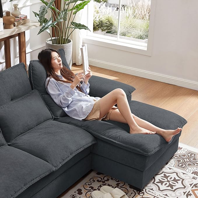 110“ Convertible Sectional Sofa, U Shape Cloud Couch, Comfy Couches with Double Chaise and Sleepable Armrests, 4 Seats Sectional Couches for Living Room, Dark Grey