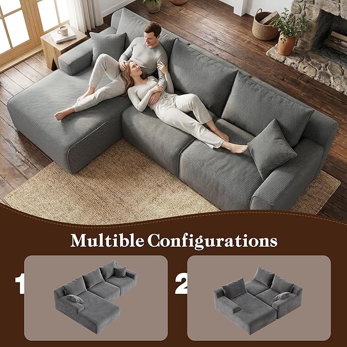 97”Modular Sectional Sofa, Cloud Sectional Couch with Deep Seat, Modern Modular L-Shape Sofa Couch, Upholstered Boneless Couches for Living Room Bedroom (Grey Check, Left Facing Chaise)