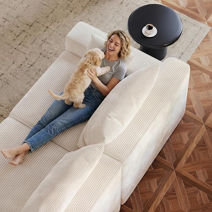 97" L-Shaped Cloud Corduroy Sofa with Left Chaise, Modular Sectional Couch, Flexible Combination Couches for Living Room, Bedroom, No Assembly Required (White)