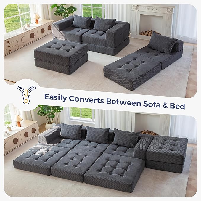 MAXYOYO Modular Sectional Sofa Couch, Foldable L-Shaped Folding Sofa Bed with Ottoman, Convertible Sectional Couch Corded Tufted Floor Sofa Lounger with Pillows for Living Room, No Assembly, Dark Grey