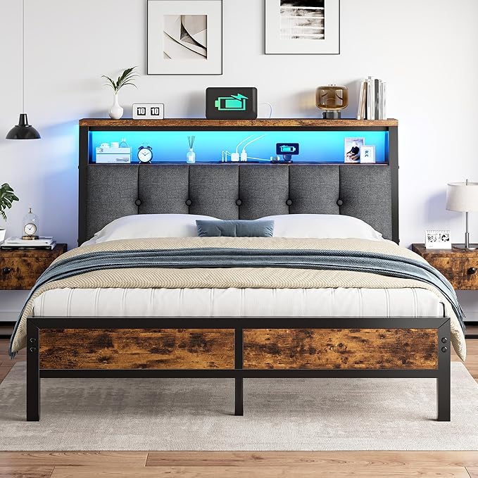 Homkdom Queen Bed Frame with Charging Station and LED Lights, Grey Upholstered Headboard with 2-Tier Storage Shelves,Metal Platform with 12" Under-Bed Storage, No Sliding,Noise-Free,1000LBS