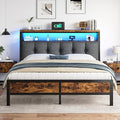 Homkdom Queen Bed Frame with Charging Station and LED Lights, Grey Upholstered Headboard with 2-Tier Storage Shelves,Metal Platform with 12" Under-Bed Storage, No Sliding,Noise-Free,1000LBS