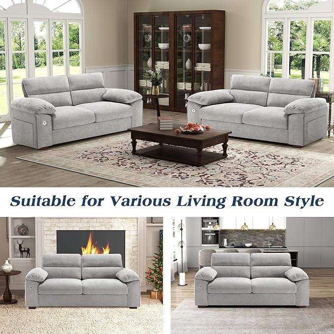 WorthFurni Sofas for Living Room, Chenille Pillow-Armrest Loveseat Couch Set, Small Sofa, 3 Seater Sofa, USB Charging, Removable Sofa Cover, Solid Wood Frame, Easy to Install (71.5 inch, Grey)