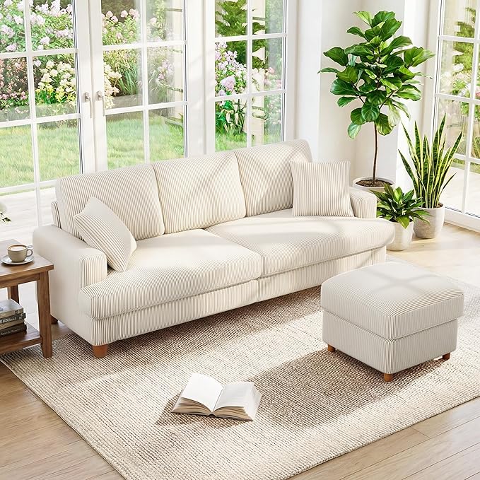 Kidirect 87in L Shaped Couch, Modular Sofa No Tool Assembly, Comfy Sectional Couches for Living Room 21in Deeper Seats, Corduroy Sofas for Living Room with 2 Pillows, Loveseat Sofa Set, Beige Couch | Comfy Corduroy, Oversized 87in Couch, 850LB Tough, T...