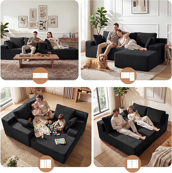 Cloud Sectional Boneless Couches for Living Room, Modular L Shaped Couch with Deep Seat Oversized Left Facing Chaise, Memory Foam Compressed Spineless 3 Seater Sofa for Apartment, Black | No Assembly Required, Deep Seat, Cat-Claw Resistant, High-Resili...