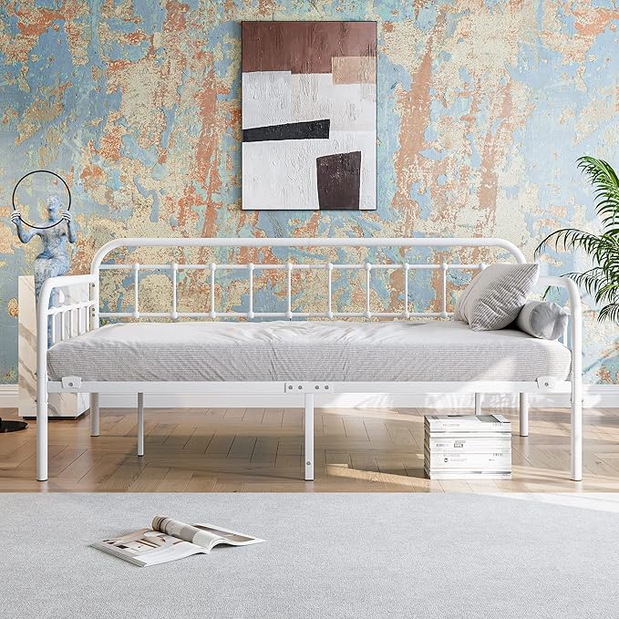 JURMERRY Metal Daybed Frame Twin Size with Steel Slats Platform Furniture, White…