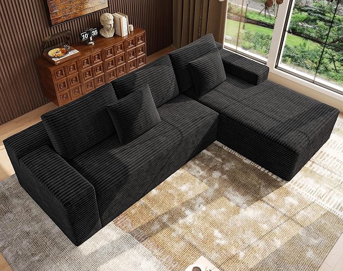 Boneless Modular Sectional Sofa, Cloud Couch with Right Facing Chaise, Oversized Deep Seat, L-Shaped, Soft Corduroy Fabric, Sectional Couch for Living Room -Black
