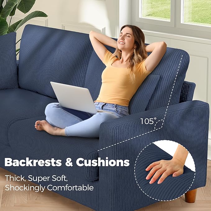 Kidirect 70in U Shaped Couch, Modular Sofa No Tool Assembly, Comfy Sectional Couches for Living Room 21in Deeper Seats, Corduroy Sofas for Living Room with 2 Pillows, Loveseat Sofa Set, Blue Couch | Comfy Corduroy, Oversized 70in Couch, 700LB Tough, To...