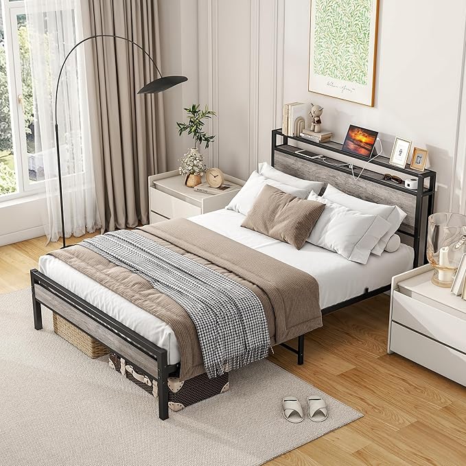 BOFENG Full Size Bed Frame with Storage Headboard/Charging Station,Heavy Duty Metal Platform Bed Frame Full,Reinforced Steel Slats Support,No Box Spring Needed,Noise Free,Grey