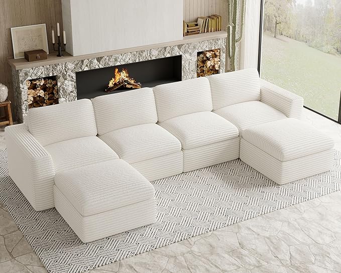 Cloud Sectional Couches for Living Room Plush Corduroy U Shaped Boneless Modular Sectional Sofa with Deep Seat. White Couch.