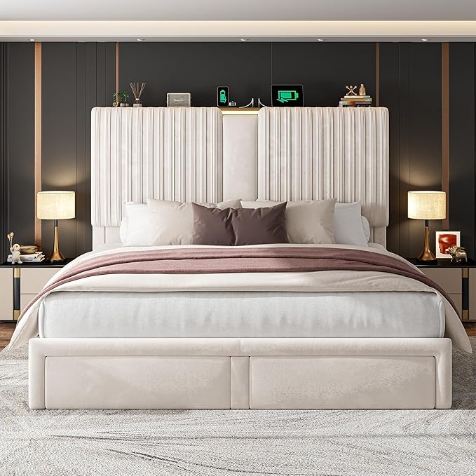 Homkdom Queen Bed Frame with Velvet Storage Headboard, 2 Large Drawers & 3 Charging Ports, 51.3" Tall Platform Bed Frame Queen Size, Sturdy Wood Slats, No Box Spring Needed, Beige